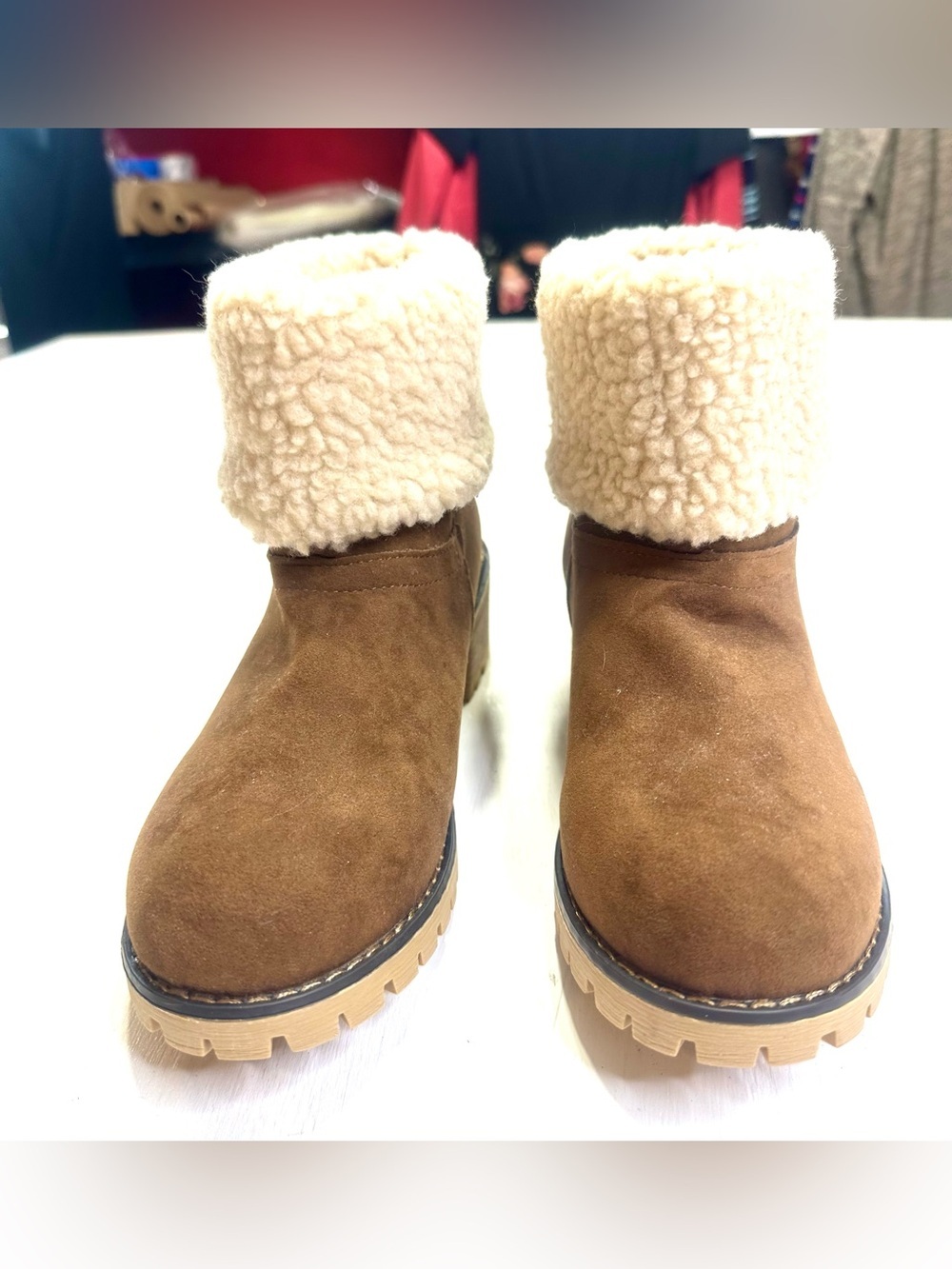 Women’s Brown Sherpa Cuff Ankle Boots Size 39 US 8.5 Faux Suede Lug Sole - Picture 2 of 12